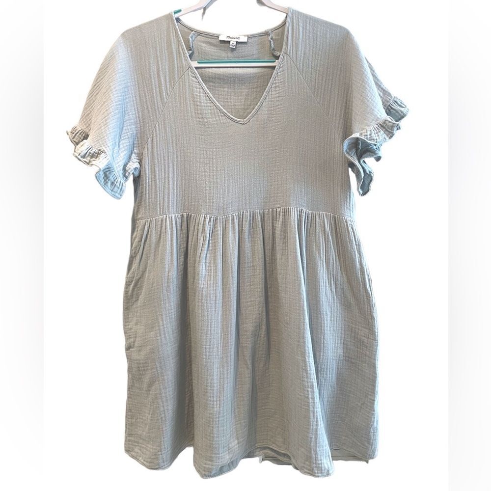 Madewell Short Ruffle Sleeve Easy Mini Dress‎ Pockets Glassware Blue Size Medium